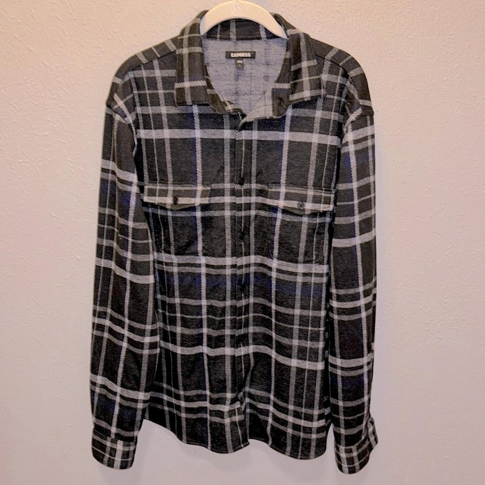 Express Plaid Classic Preppy Pocket Sweater Flannel Shirt BlackbMen’s Sz Large